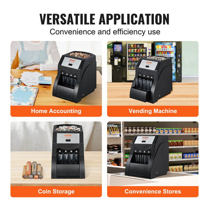 VEVOR USD Coin Sorter, Coin Sorter Machine for USD Coin 1¢ 5¢ 10¢ 25¢, Sorts up to 230 Coins/min, Coin Sorter and Wrapper Machine Holds 200 Coins Included 4 Coin Tubes, Black - Discount Msrp 