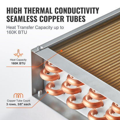 VEVOR Heat Exchanger Water to Air, 20"x 20" with 3-Row 3/8" Copper Ports, 242 Aluminum Fins Heat Exchanger for Outdoor Wood Furnaces, Residential Heating and Cooling, and Forced Air Heating - Discount Msrp 