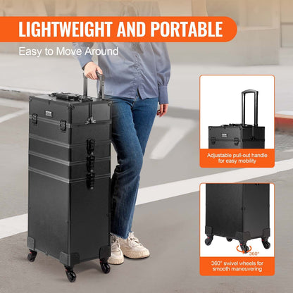 VEVOR 5 in 1 Professional Makeup Train Case Aluminum Cosmetic Case, Rolling Makeup Case Extra Large Trolley Makeup Travel Organizer, with 360° Swivel Wheels & Adjustable Pull Rod, Black - Discount Msrp 