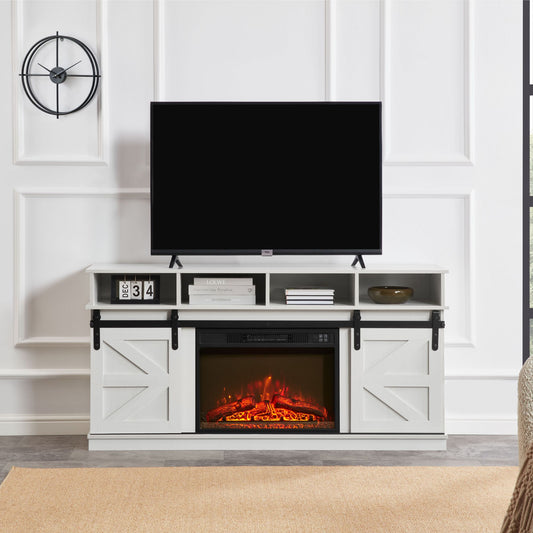 Modern Farmhouse TV Media Stand, Large Barn Inspired Home Entertainment Console, with 23" Fireplace Insert, for TV Up to 65'', with Open Shelves and Closed Cabinets, White - Discount Msrp 