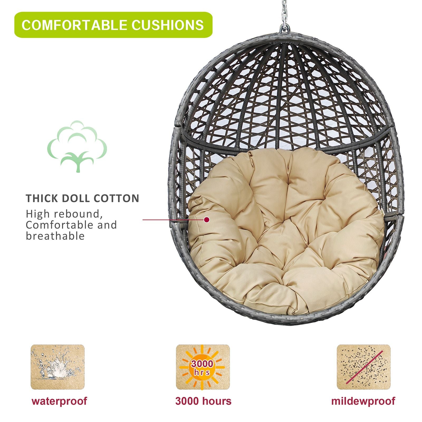 Wicker Hanging Swing Chair; Rattan Hanging Egg Chair with Durable Stand and Waterproof Cushion for Outdoor Garden or Indoor Living Room - Discount Msrp 
