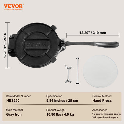 VEVOR Tortilla Press, 10 Inch Tortilla and Roti Maker, Cast Iron Heavy Duty Tortilladora Press, Pre-Seasoned Pataconera Maker with 100 Pcs Parchment Paper, Dough Maker for Flour Tortilla, Tawa, Silver - Discount Msrp 