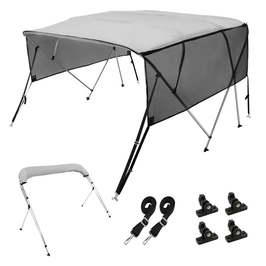 VEVOR 4 Bow Bimini Top Boat Cover, Detachable Mesh Sidewalls, 600D Polyester Canopy with 1" Aluminum Alloy Frame, Includes Storage Boot, 2 Straps, 2 Support Poles, 8'L x 54"H x 85"-90"W, Light Grey - Discount Msrp 