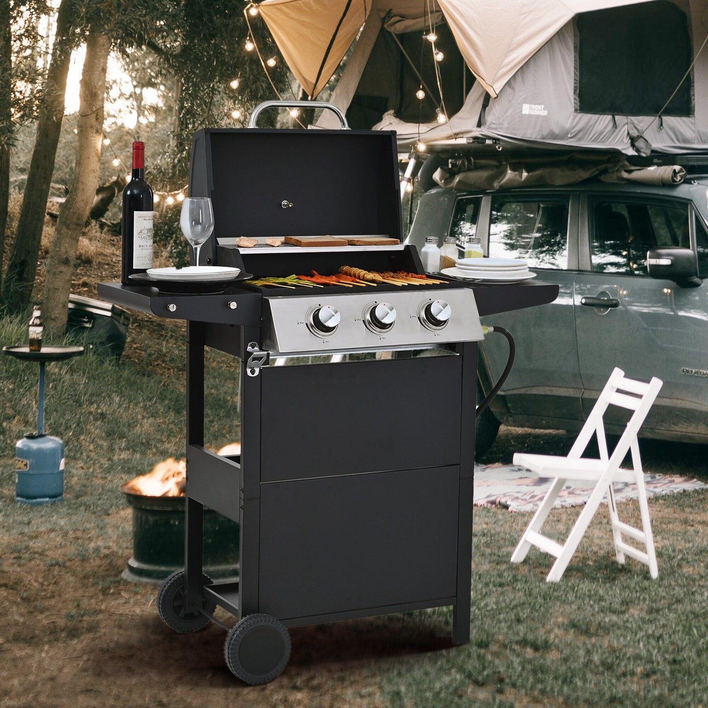 Propane Gas Grill 3 Burner Barbecue Grill, Stainless Steel 26,000 BTU Patio Garden Barbecue Grill with Two Shelves, Lid, Wheels and Bottle Opener - Discount Msrp 