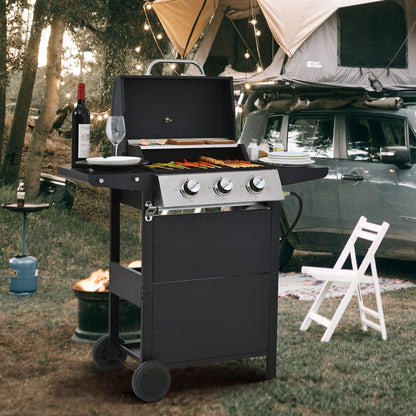 Propane Gas Grill 3 Burner Barbecue Grill, Stainless Steel 26,000 BTU Patio Garden Barbecue Grill with Two Shelves, Lid, Wheels and Bottle Opener - Discount Msrp 