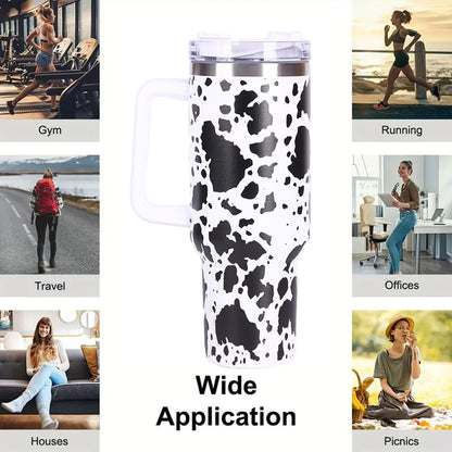 40oz 5D cowprint Insulated Tumbler With Handle And Straw Lid Portable Large Capacity water bottle, Heat preservation,304 Stainless Steel Cup For Outdoor Sports, Travel & Camping Birthday Gift - Discount Msrp 