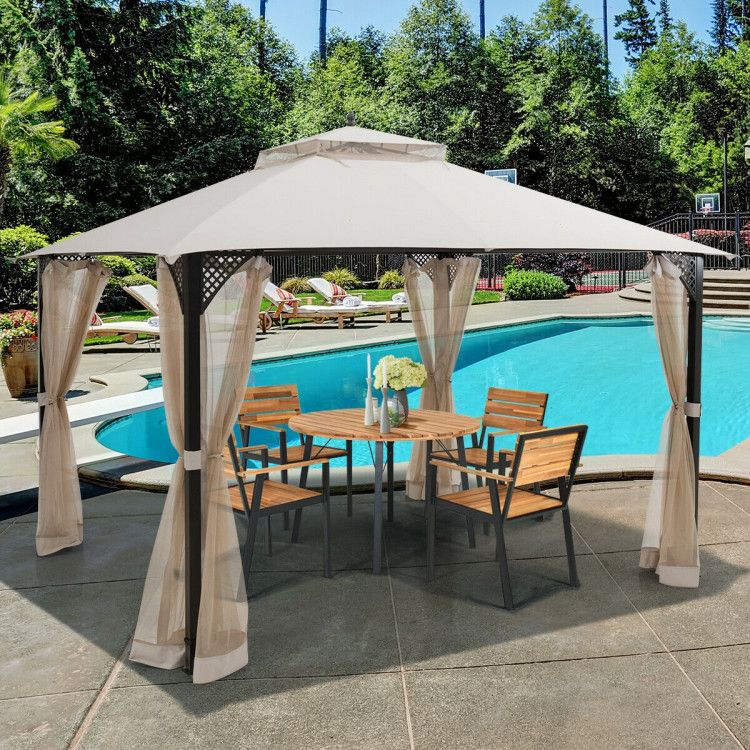 12 x 10 Feet Outdoor Double Top Patio Gazebo with Netting - Discount Msrp 