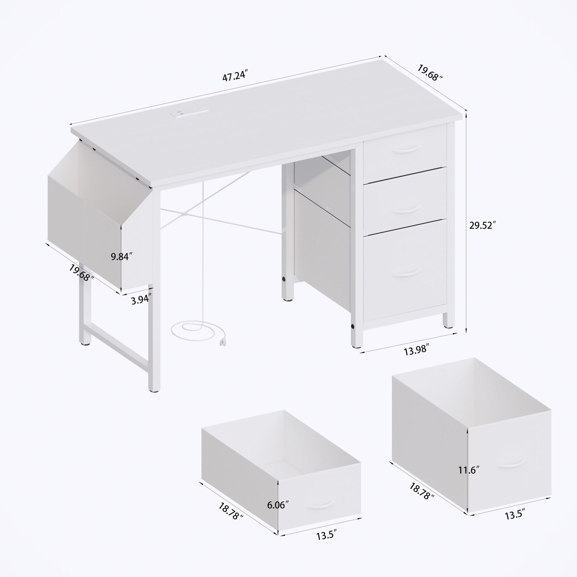 47"office desk with power outlet,3 drawers,Side Pocket, Study Desk Easy to Assemble,Frame stability Reversible for home desk, company computer desk, game table,Vanity table, white - Discount Msrp 