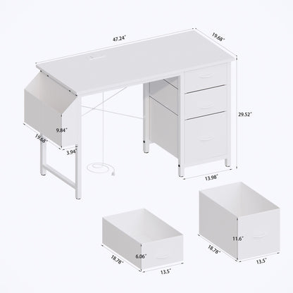 47"office desk with power outlet,3 drawers,Side Pocket, Study Desk Easy to Assemble,Frame stability Reversible for home desk, company computer desk, game table,Vanity table, white - Discount Msrp 