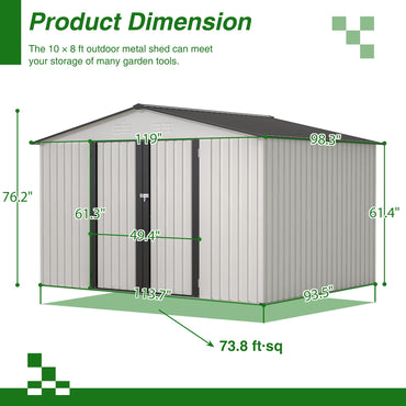 10X8 FT Outdoor Storage Shed, All Weather Metal Sheds with Lockable Doors, Tool Shed for Garden, Patio, Backyard, Lawn, Grey - Discount Msrp 