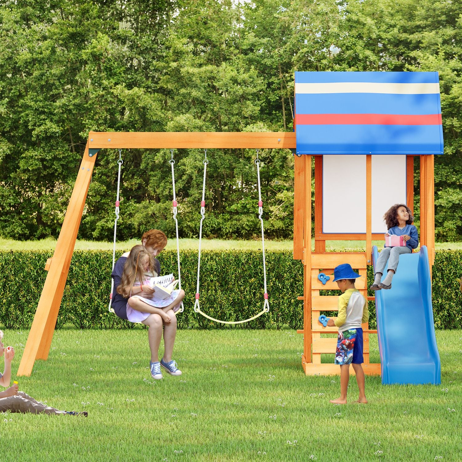 Wooden Outdoor Swing Set 3 in 1 Swing Set outdoor Children's Playset with Slide , 2 Swings and Climber for Garden, Backyard and Playground, Blue - Discount Msrp 