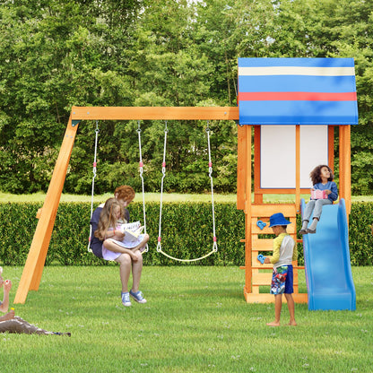 Wooden Outdoor Swing Set 3 in 1 Swing Set outdoor Children's Playset with Slide , 2 Swings and Climber for Garden, Backyard and Playground, Blue - Discount Msrp 