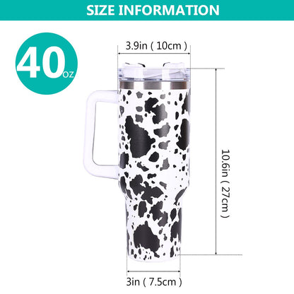 40oz 5D cowprint Insulated Tumbler With Handle And Straw Lid Portable Large Capacity water bottle, Heat preservation,304 Stainless Steel Cup For Outdoor Sports, Travel & Camping Birthday Gift - Discount Msrp 