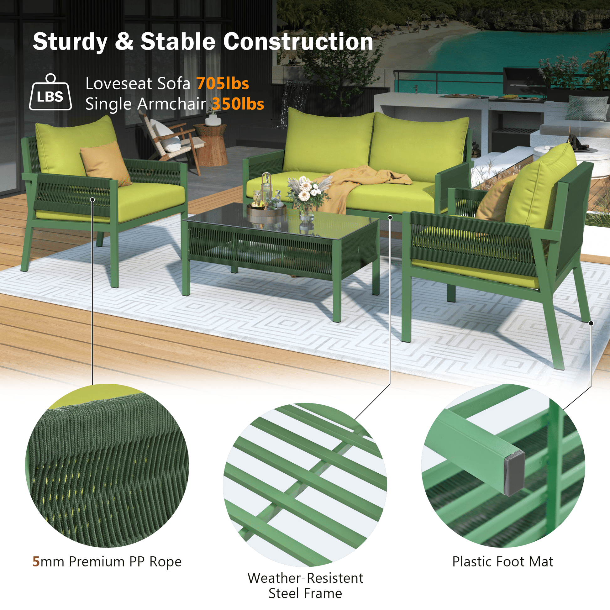 4-Piece Rope Patio Furniture Set, Outdoor Furniture with Tempered Glass Table, Patio Conversation Set Deep Seating with Thick Cushion for Backyard Porch Balcony - Discount Msrp 
