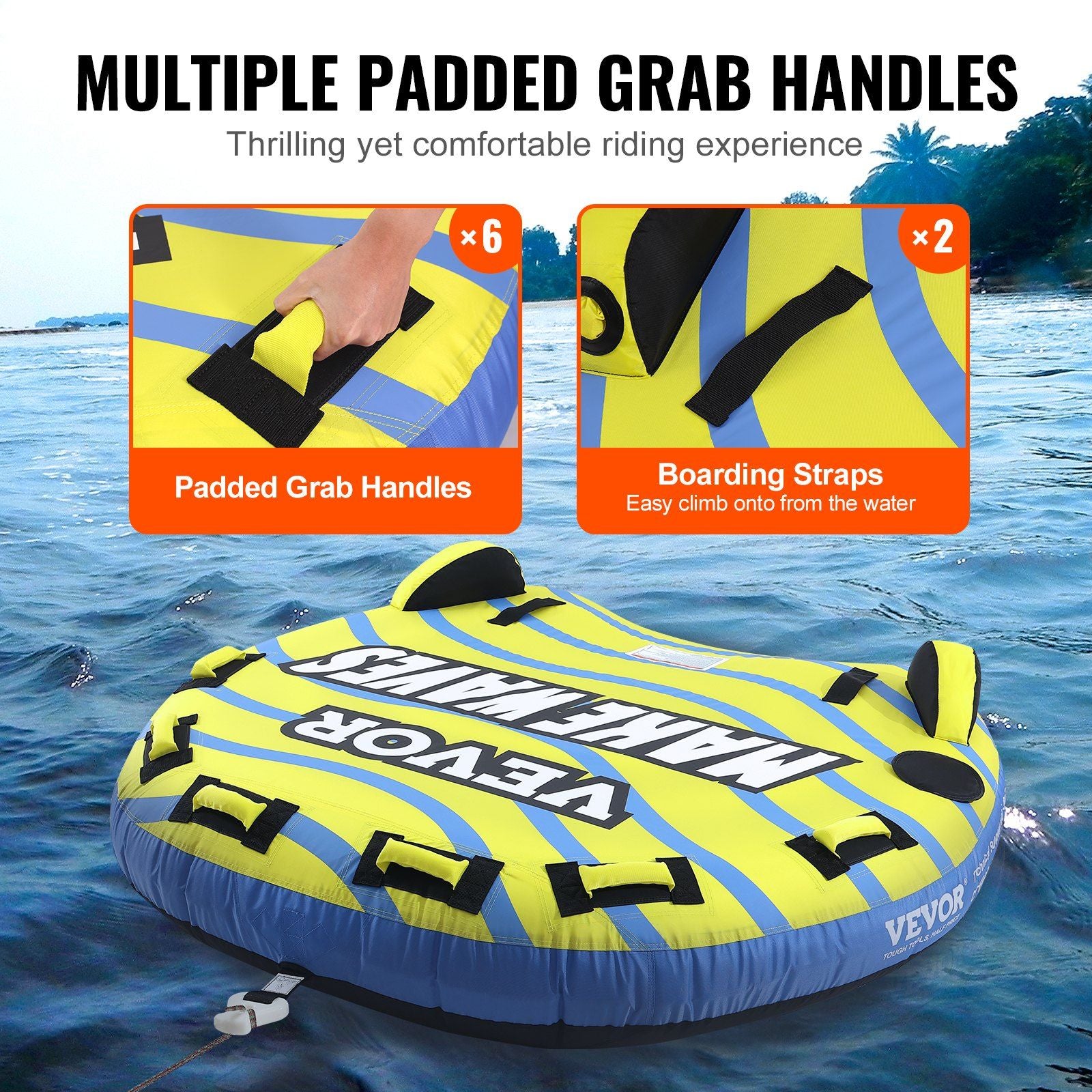 VEVOR Towable Tube for Boating, 1-3 Riders Inflatable Towable Tube with Bumper Fins, 510 lbs Water Sport Towable Tubes for Boats to Pull, Full Nylon Cover, EVA Grab Handles and Speed Safety Valve - Discount Msrp 