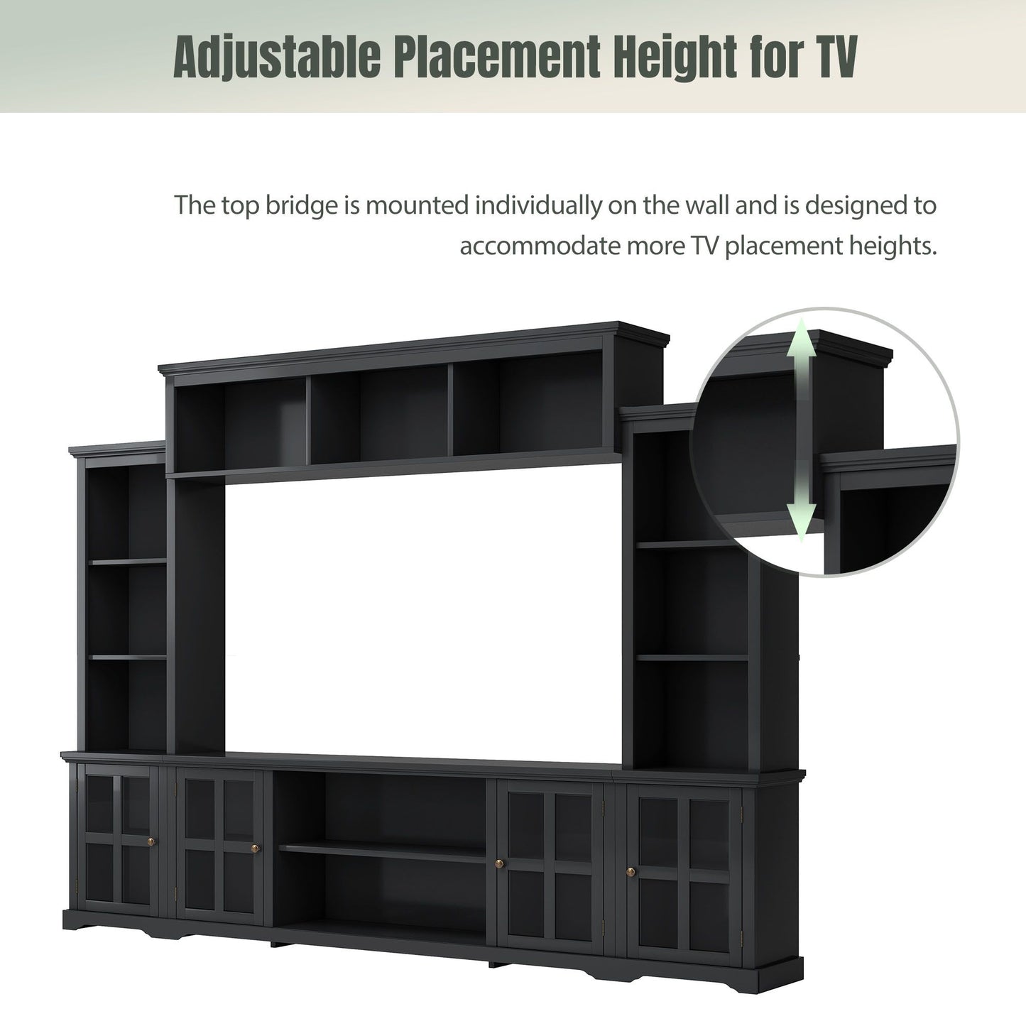 [VIDEO provided] ON-TREND Minimalism Entertainment Wall Unit with Bridge, Modern TV Console Table for TVs Up to 70", Multifunctional TV Stand with Tempered Glass Door, Black (Old SKU: SD000009AAB) - Discount Msrp 