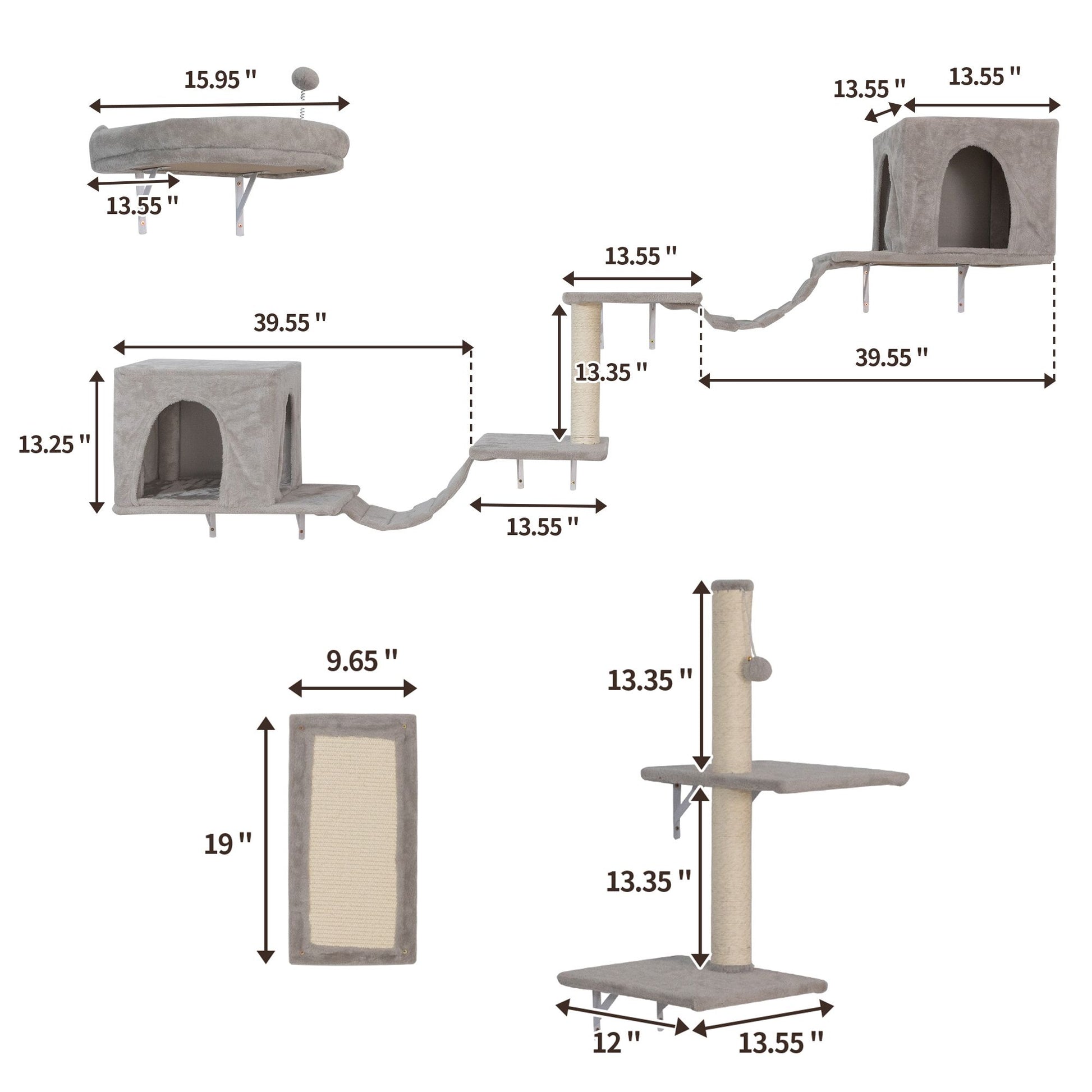 Wall-mounted Cat Tree, Cat Furniture with 2 Cat Condos House, 3 Cat Wall Shelves, 2 Ladder, 1 Cat Perch, Sisal Cat Scratching Posts and Pad - Discount Msrp 