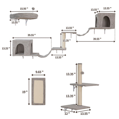Wall-mounted Cat Tree, Cat Furniture with 2 Cat Condos House, 3 Cat Wall Shelves, 2 Ladder, 1 Cat Perch, Sisal Cat Scratching Posts and Pad - Discount Msrp 