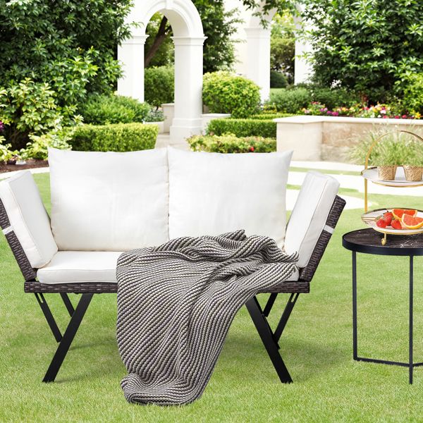Outdoor Sofa, Woven Rattan Patio Furniture, Convertible Daybed or Double Chair with Adjustable Armrests, Cushions and Pillows for Yard Porch Pool, Gray Lounger & Beige Cushion - Discount Msrp 