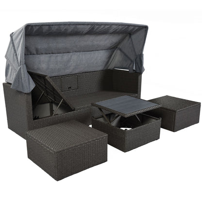 Outdoor Patio Rectangle Daybed with Retractable Canopy, Wicker Furniture Sectional Seating with Washable Cushions, Backyard, Porch - Discount Msrp 