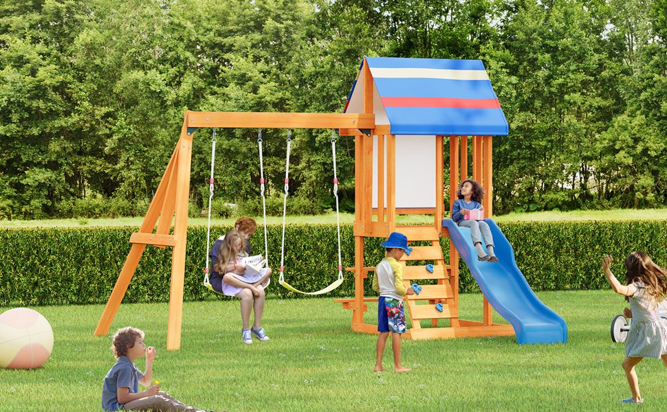 Wooden Outdoor Swing Set 3 in 1 Swing Set outdoor Children's Playset with Slide , 2 Swings and Climber for Garden, Backyard and Playground, Blue - Discount Msrp 