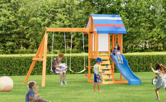 Wooden Outdoor Swing Set 3 in 1 Swing Set outdoor Children's Playset with Slide , 2 Swings and Climber for Garden, Backyard and Playground, Blue - Discount Msrp 