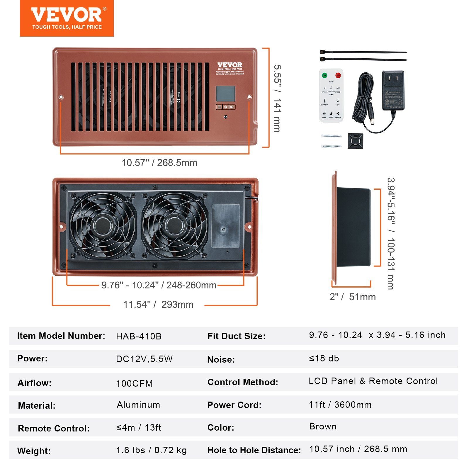 VEVOR Register Booster Fan, Quiet Vent Booster Fan Fits 4' x 10' Register Holes, with Remote Control and Thermostat Control, Adjustable Speed for Heating Cooling Smart Vent, Brown - Discount Msrp 