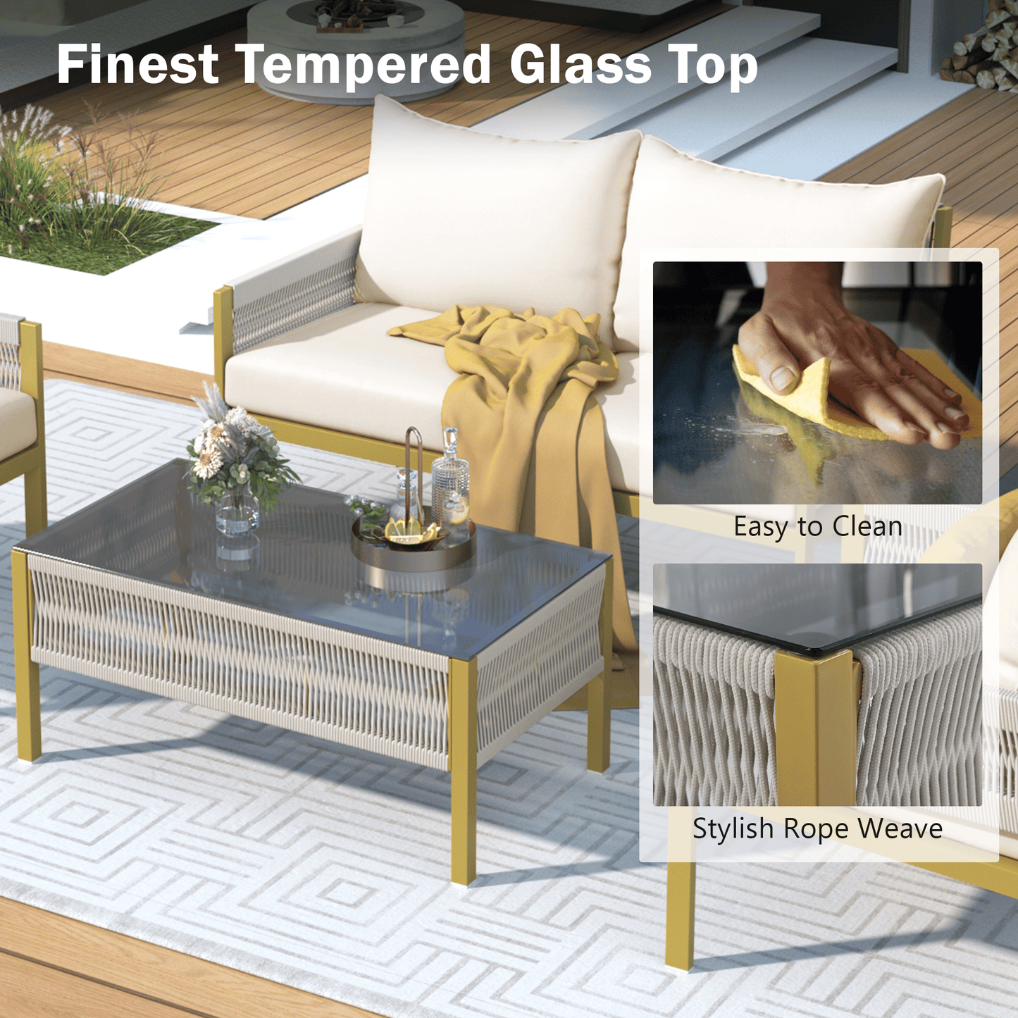 4-Piece Rope Patio Furniture Set, Outdoor Furniture with Tempered Glass Table, Patio Conversation Set Deep Seating with Thick Cushion for Backyard Porch Balcony - Discount Msrp 