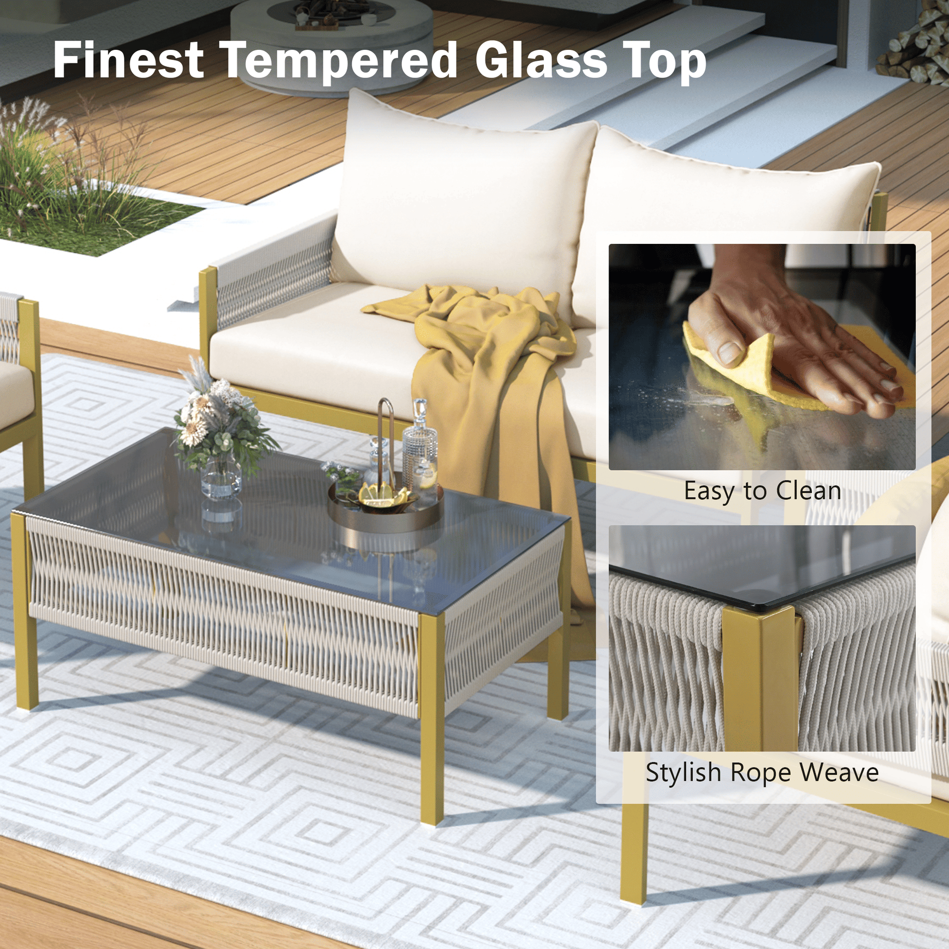 4-Piece Rope Patio Furniture Set, Outdoor Furniture with Tempered Glass Table, Patio Conversation Set Deep Seating with Thick Cushion for Backyard Porch Balcony - Discount Msrp 