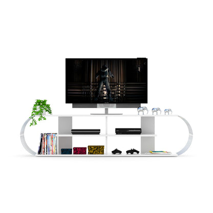FurnisHome Store Mid Century Modern Tv Stand 4 Shelves Open Storage Entertainment Centre 68 inch Tv Unit, White/Chrome - Discount Msrp 