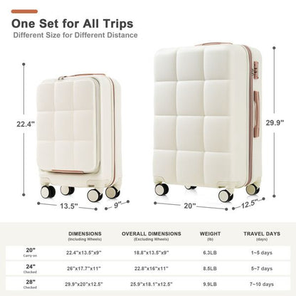 Luggage Sets 3 Piece, 20-inch with USB Port and front opening design, ABS Hard Shell Luggage with Spinner Wheels, Cup Holder, white - Discount Msrp 