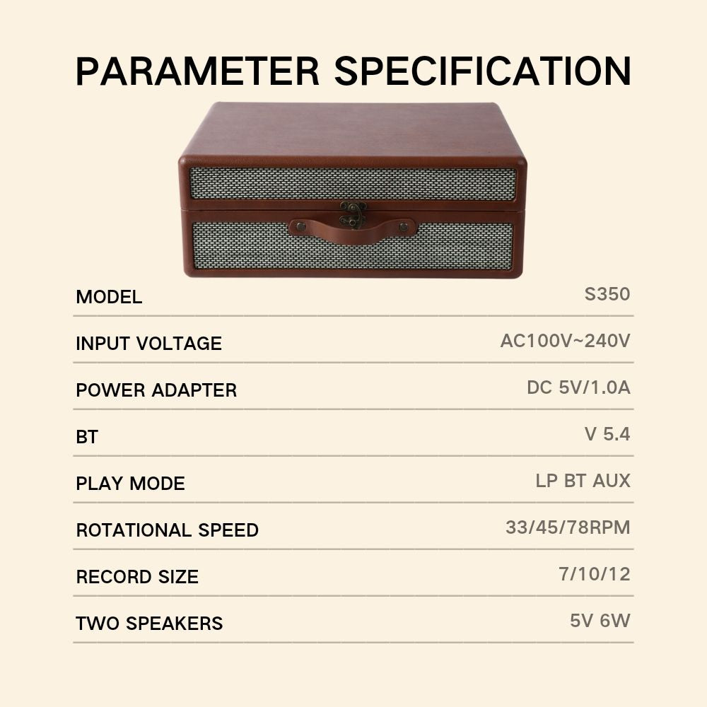 Portable Vinyl record player S350,with 2 Stereo Speakers, Wireless 3-Speed 33/45/78RPM, Support Headphone Jack/USB/AUX-IN/RCA-Out/Recording - Discount Msrp 
