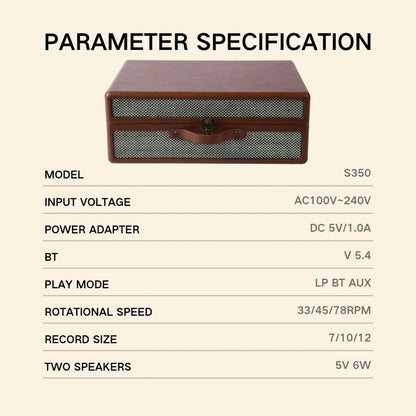 Portable Vinyl record player S350,with 2 Stereo Speakers, Wireless 3-Speed 33/45/78RPM, Support Headphone Jack/USB/AUX-IN/RCA-Out/Recording - Discount Msrp 