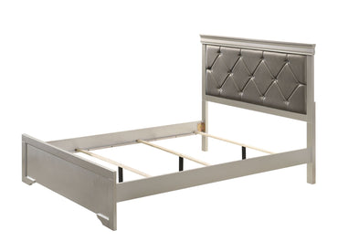 Modern 1pc Beige Champagne Finish King Size Panel Bed Wooden Crocodile Texture PU Upholstered Headboard Crystal-Like Button Tufted Fabric Bedroom Furniture - Discount Msrp 