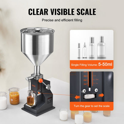 VEVOR Manual Paste Liquid Filling Machine, 5-50ml Bottle Filler, Adjustable Bottle Filling Machine, Stainless Steel Liquid Filler with Hopper for Milk Water Juice Essential Oil Shampoo Cosmetic Honey - Discount Msrp 