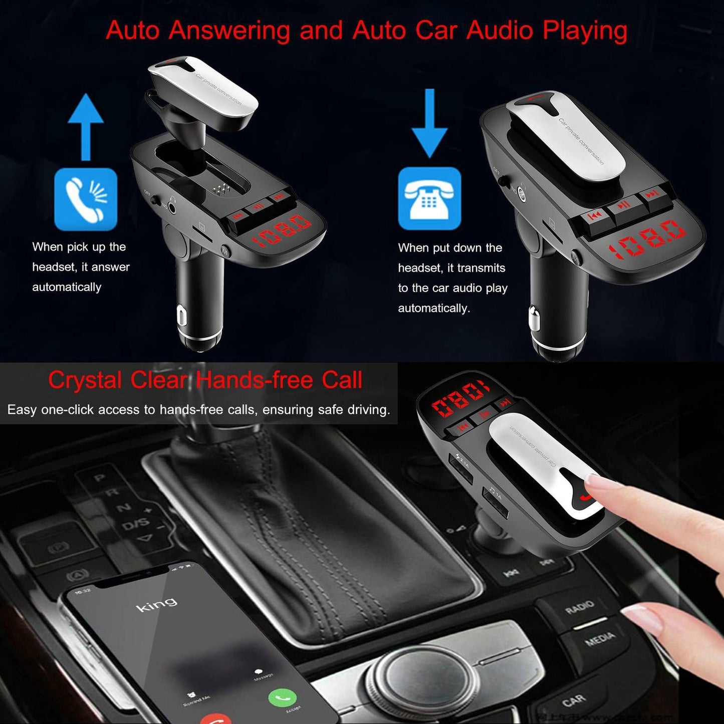 Car FM Transmitter w/ Wireless Earpiece 2 USB Charge Ports Hands-free Call MP3 Player - Discount Msrp 
