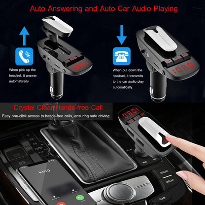 Car FM Transmitter w/ Wireless Earpiece 2 USB Charge Ports Hands-free Call MP3 Player - Discount Msrp 