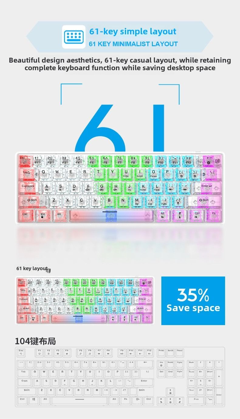 Wired Mechanical Keyboard Transparent Hot Swap Illuminated Office Gaming Gaming Mini Keyboard - Discount Msrp 