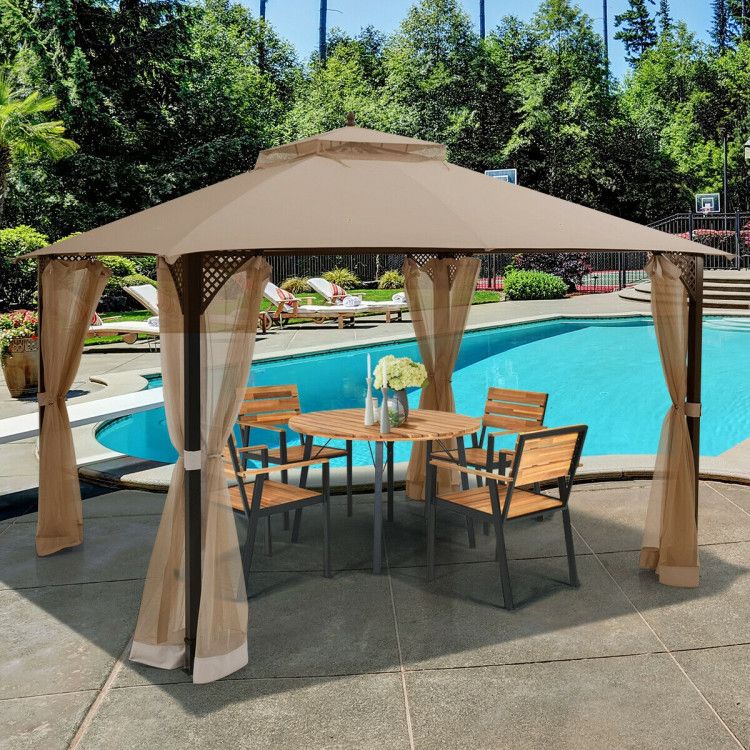 12 x 10 Feet Outdoor Double Top Patio Gazebo with Netting - Discount Msrp 