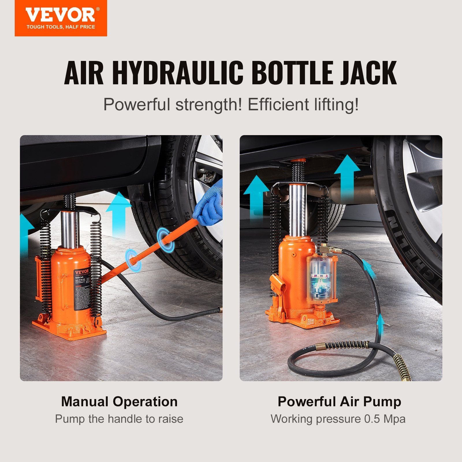 VEVOR Air Hydraulic Bottle Jack, 20 Ton/40000 LBS All Welded Bottle Jack, 10.4-19.7 inch Lifting Range, Manual Handle and Air Pump, for Car, Pickup, Truck, RV, Auto Repair, Industrial Engineering - Discount Msrp 