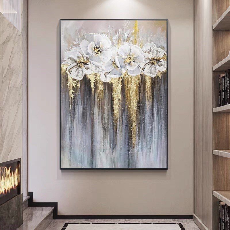 Foil golden flowers hand painted oil painting on canvas abstract large painting wall picture for home office decor - Discount Msrp 