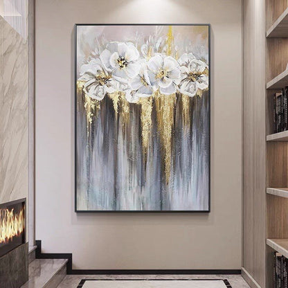Foil golden flowers hand painted oil painting on canvas abstract large painting wall picture for home office decor - Discount Msrp 