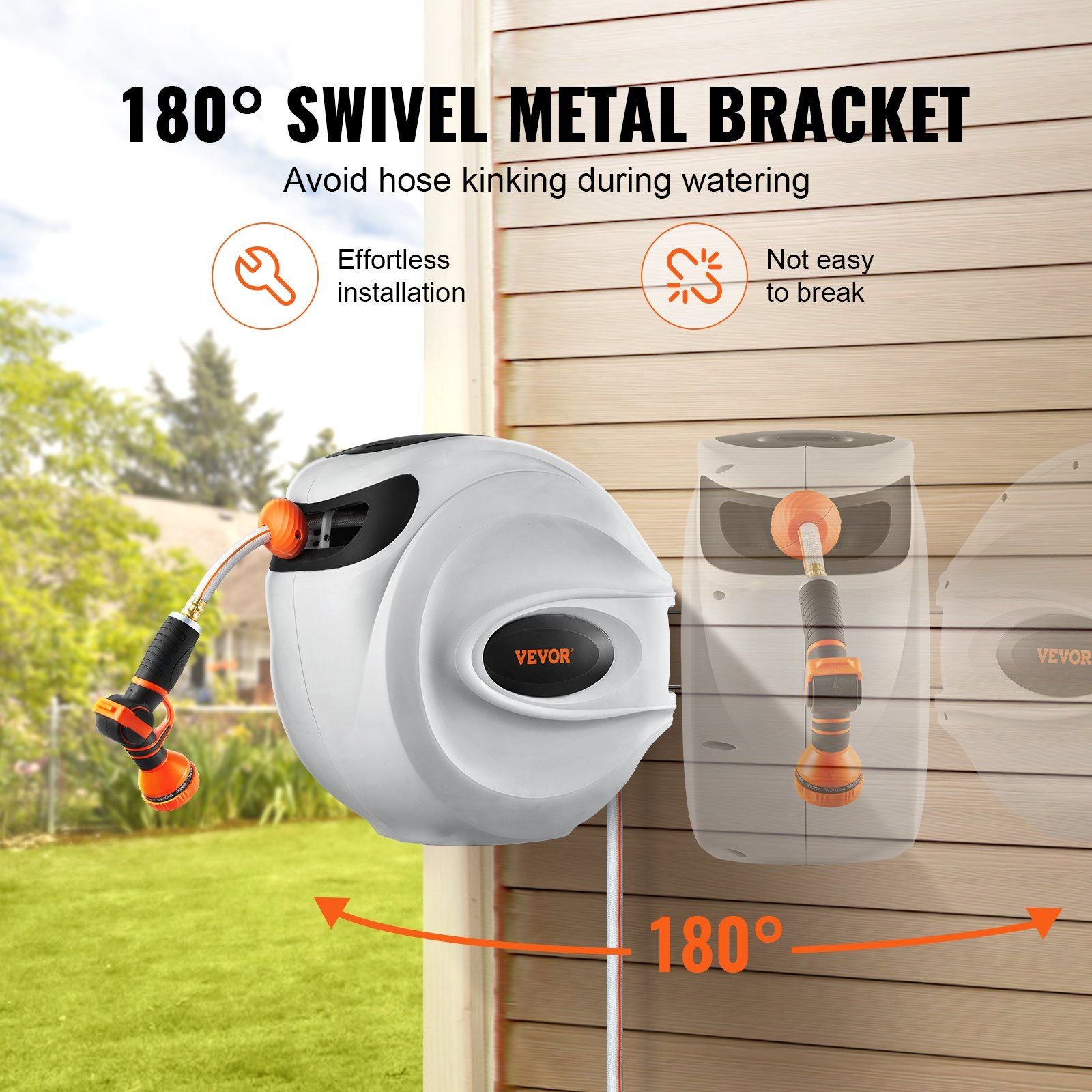 VEVOR Retractable Hose Reel Water Hose Reel 100'x1/2" 180° Swivel Wall-Mounted,Garden Water Hose Reel with 9-Pattern Nozzle,Automatic Rewind, Lock at Any Length, with Slow Return System - Discount Msrp 