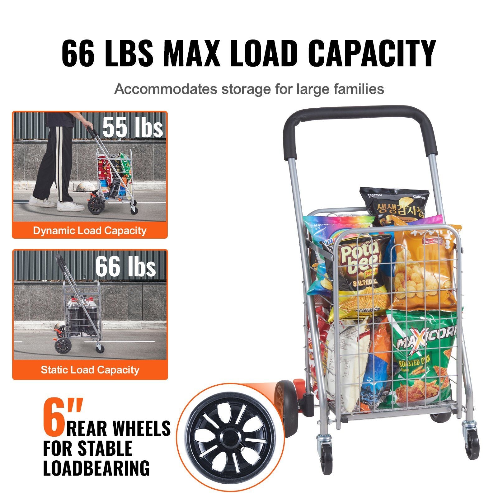 VEVOR Folding Shopping Cart, 66 lbs Max Load Capacity, Grocery Utility Cart with Rolling Swivel Wheels, Heavy Duty Foldable Laundry Basket Trolley Compact Lightweight Collapsible for Luggage, Silver - Discount Msrp 