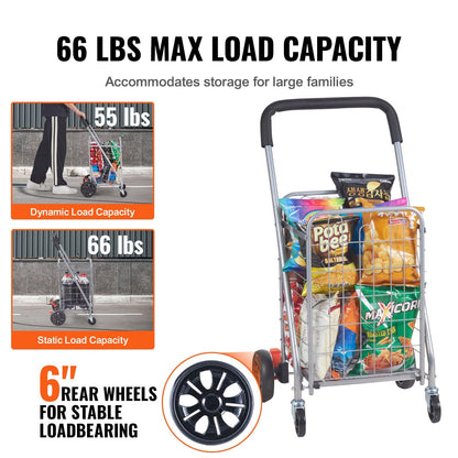 VEVOR Folding Shopping Cart, 66 lbs Max Load Capacity, Grocery Utility Cart with Rolling Swivel Wheels, Heavy Duty Foldable Laundry Basket Trolley Compact Lightweight Collapsible for Luggage, Silver - Discount Msrp 