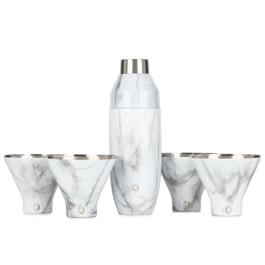 Stainless Steel Cocktail Shaker and Martini Glass Set, Marble - Discount Msrp 