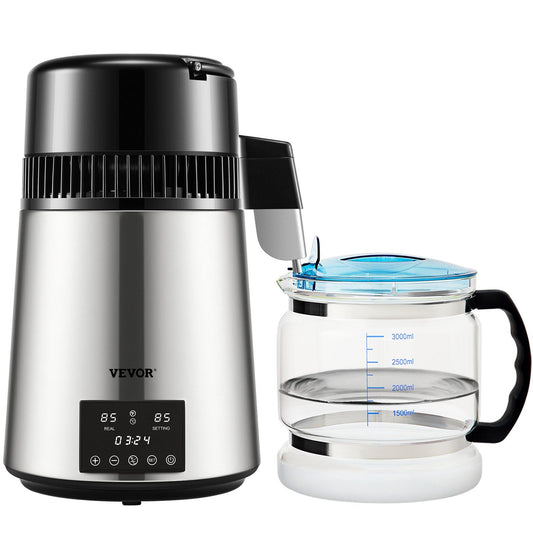 VEVOR 1.1Gal Water Distiller, 0.3Gal/H, 750W Distilled Water Maker Machine 0-99H Timing Dual Temp Display, 304 Stainless Steel Countertop Distiller Glass Carafe Cleaning Powder 3 Carbon Packs, Silver - Discount Msrp 