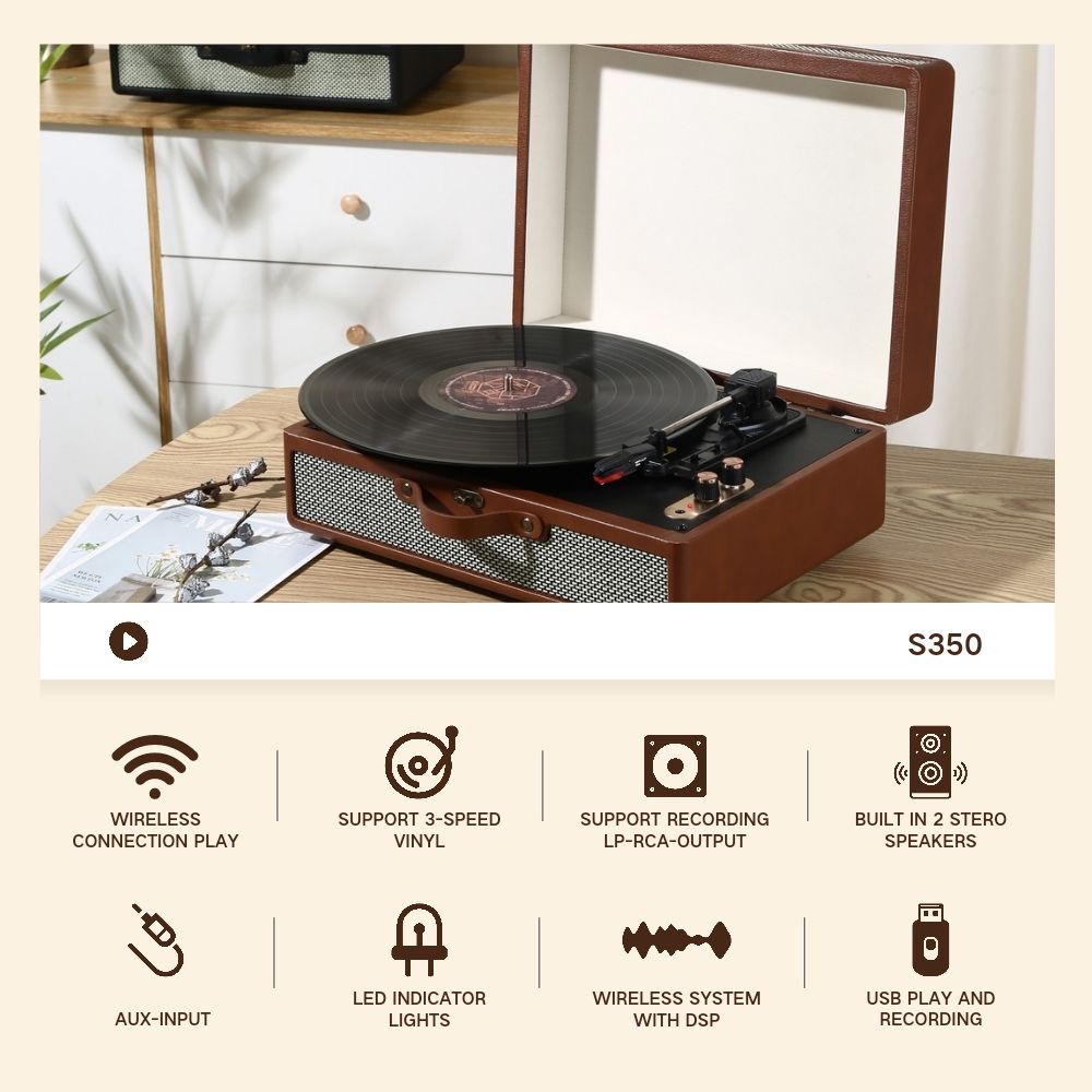 Portable Vinyl record player S350,with 2 Stereo Speakers, Wireless 3-Speed 33/45/78RPM, Support Headphone Jack/USB/AUX-IN/RCA-Out/Recording - Discount Msrp 