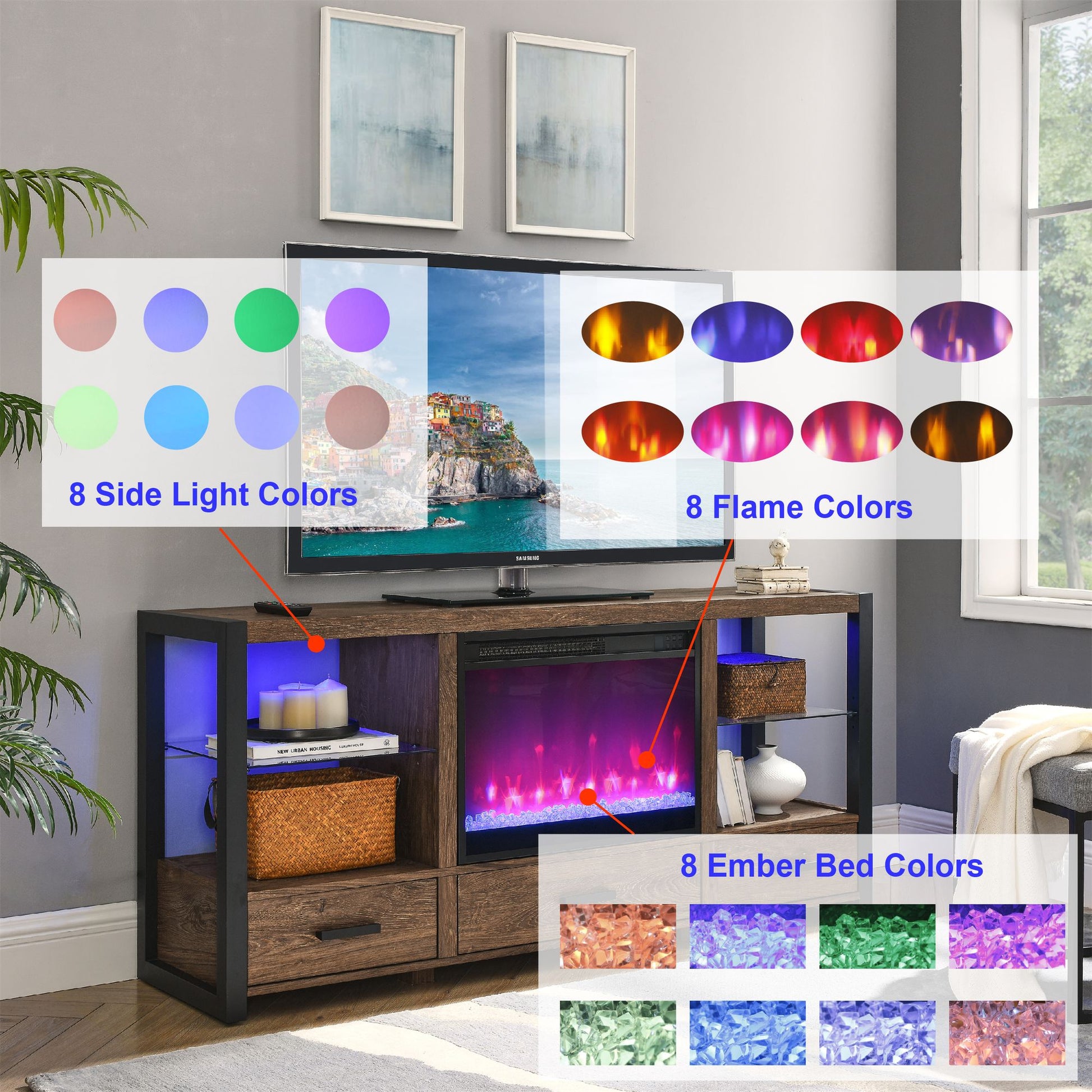 60 inch Electric Fireplace Media TV Stand With Sync Colorful LED Lights-Reclaimed Barnwood Color - Discount Msrp 