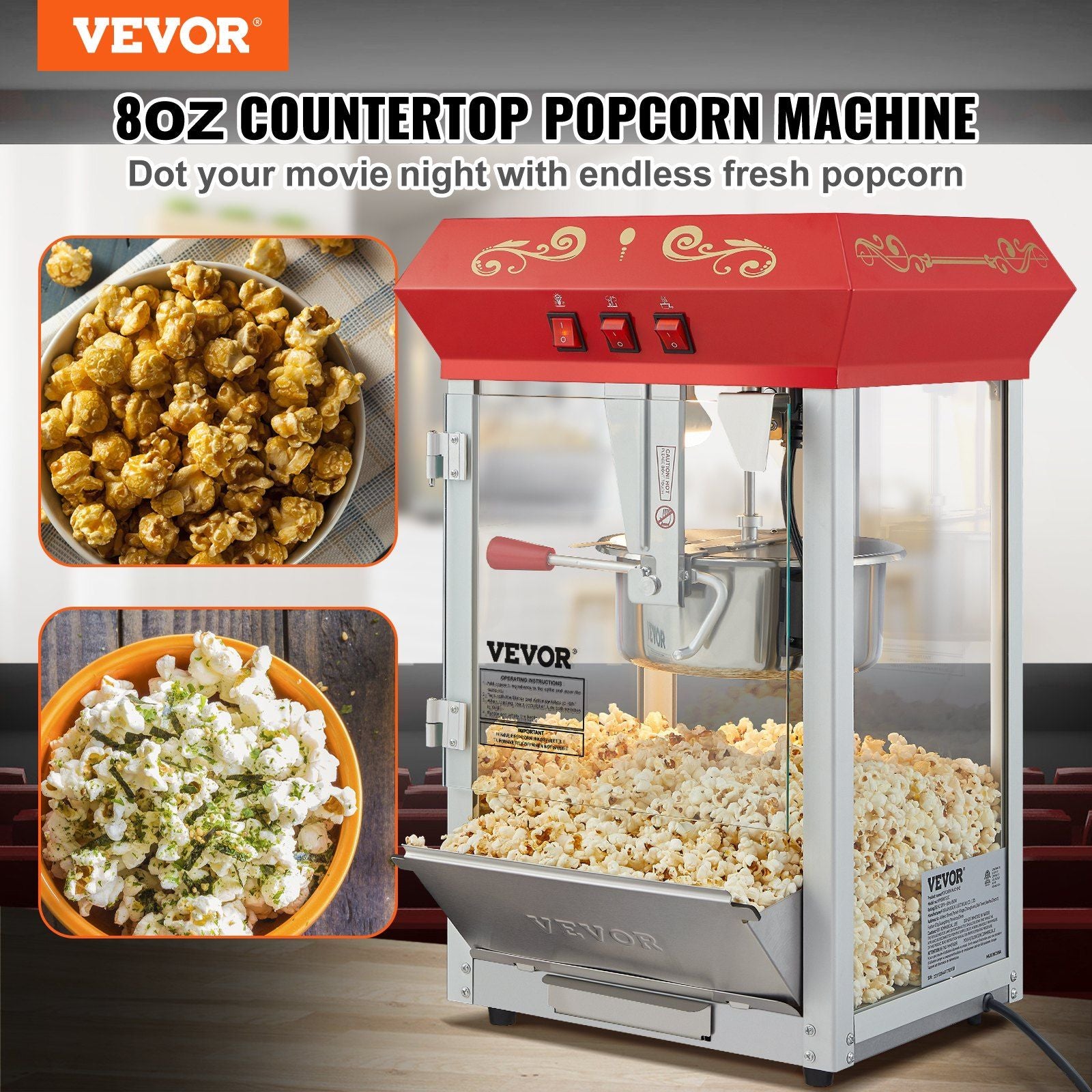 VEVOR Popcorn Popper Machine 8 Oz Countertop Popcorn Maker 850W 48 Cups Red - Discount Msrp 